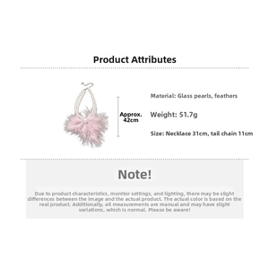 Close-up of pink feather and glass pearl necklace with detailed sizing and 51.7g weight