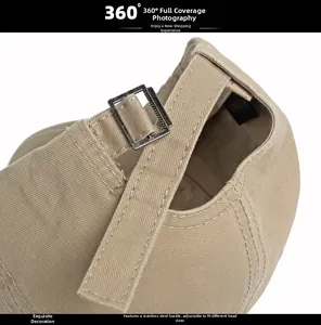 Detail of adjustable stainless steel buckle and khaki cotton twill cap strap