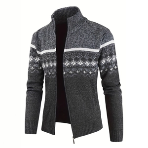 Strickjacke für Herren mit Stehkragen, Farblock-Design und geometrischem Jacquard-Muster