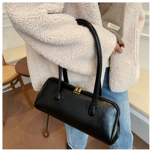 Classic black PU leather Boston handbag with gold double zippers and long top handles