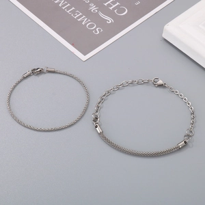 Minimalist silver stainless steel mesh weave and chain link bracelet for women