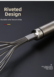 Detail of the riveted handle connection on a durable 304 stainless steel whisk
