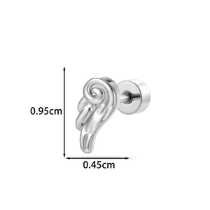 Silver angel wing screw back stud earring made of metal measuring 0.95cm by 0.45cm