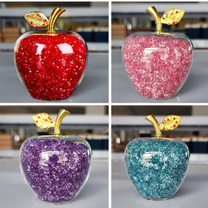Crystal Apple Decorative Ornament With Rhinestone Filling Golden Metal Leaf Glass Desktop Figurine Christmas Wedding Gift