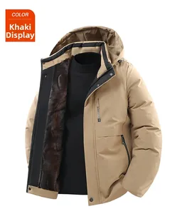 Detail of khaki men's parka with plush faux fur lining and detachable hood