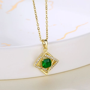 Pendant Necklace Stainless Steel Green Crystal Square Hollow Clover Design Elegant Zirconia Jewelry For Women