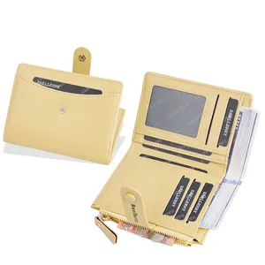 Short macaron yellow bifold wallet for women with card slots and zipper pocket