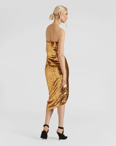 Robe midi bustier à paillettes dorées avec fente irrégulière et coupe moulante sexy