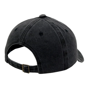 Vintage dark grey washed cotton baseball cap featuring a rear view and metal buckle