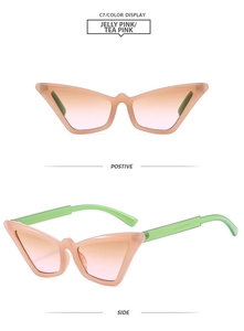 Cat eye sunglasses detail in jelly pink and mint green with tea pink gradient lenses
