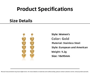 Detail view showing five gold heart-shaped cascading charms on stainless steel earrings