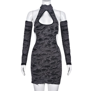 Close-up of distressed dark grey ripped bodycon dress with matching cut-out sleeves
