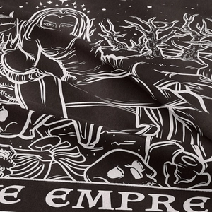 Bohemian tarot card wall tapestry featuring a black and white Empress woodcut design