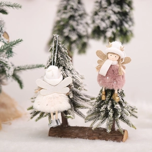 Plush Christmas angel pendants in pink and beige colors for festive tree decoration