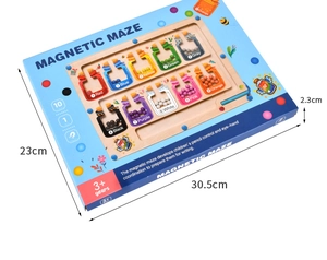 Detailed view of wooden magnetic maze with dimensions 30.5x23x2.3cm and 10 color beads