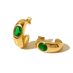 18K gold plated stainless steel C-shaped earrings with inlaid green round zircon