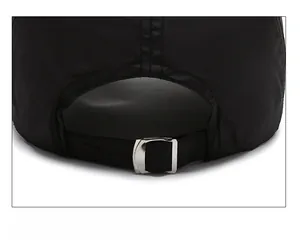 Close-up of the adjustable metal buckle on the back of a black breathable baseball cap