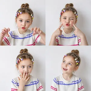 Cute candy-colored heart hair clips for kids shown on a girl model in four poses
