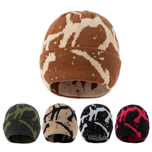 Knit Beanie Hat Thick Warm Jacquard Camouflage Pattern Cuffed Winter Outdoor Casual Headwear For Men Women
