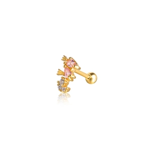 Detail of gold marine style stud earring with pink teardrop gems and clear zircon stones