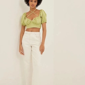 Women Crop Top Blouse Polyester Backless Tie Back Puff Sleeve Halter Crisscross Ruched Sweet Style Sexy Summer Shirt