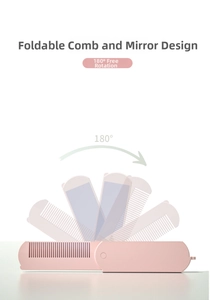 Pink folding makeup mirror with comb featuring a 180-degree rotating compact design
