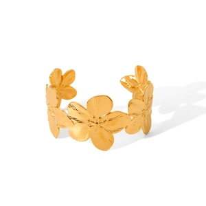 Elegant gold stainless steel open bangle featuring an intricate floral pattern design