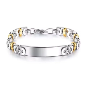 Minimalist silver and gold stainless steel curved bar bracelet with interlinked chain links