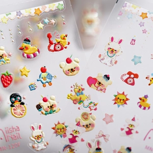 3D embossed cartoon nail art stickers with glitter featuring cute ducks and bears