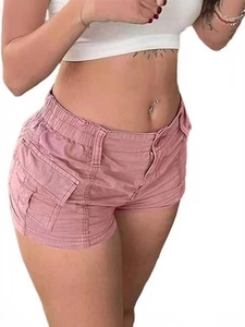 Pink cargo denim shorts for women featuring functional side pockets and elastic waist