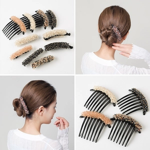 Detail of beaded flower hair combs for bun hairstyles showing colors and styling effects