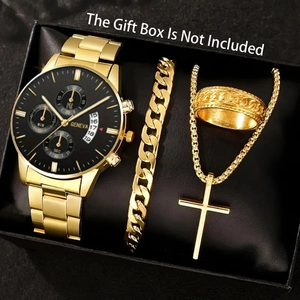 Men's gold quartz watch with black dial and matching chain jewelry set in gift box