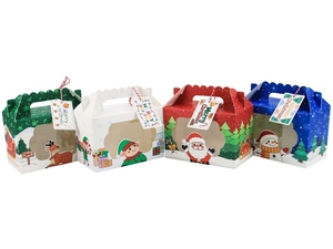 Set of four Christmas paper gift boxes in green, white, red, and blue with festive tags