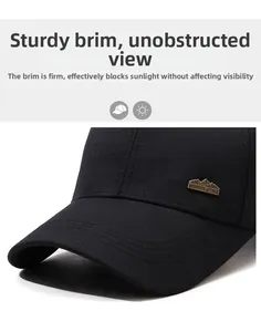 Detail of black cotton baseball cap showing hard brim and vintage copper sports logo
