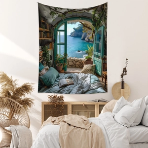 Detail of bohemian tapestry featuring an arched sea view window for wall decoration
