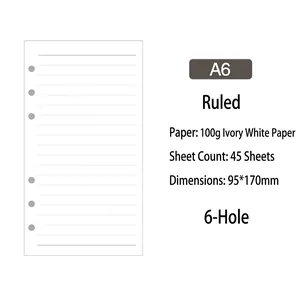 Detailed specs for A6 6-hole refill paper 100g ivory white lined sheets 95x170mm