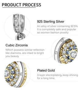 Macro shot of S925 sterling silver spinning eye charm with gold plating and blue cubic zirconia