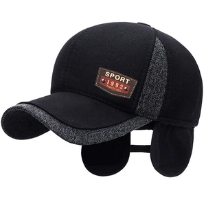 Casquette De Baseball D'Hiver Pour Hommes Tissu En Laine Chaud Et Épais Avec Protège-Oreilles Patch En Similicuir Réglable