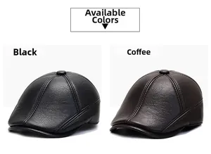 Detail view of winter faux leather caps in black and brown colors with fine texture