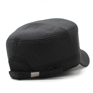 Rear view of black cadet cap featuring adjustable metal buckle and breathable side eyelets
