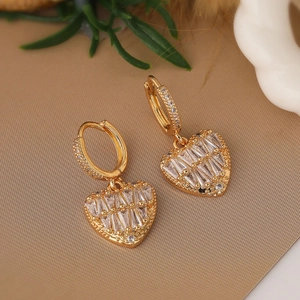 Elegant 18K gold plated heart earrings with sparkling rectangular zircon stones