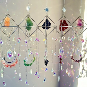 Hanging crystal sun catcher with silver rhombus frame and colorful natural gemstones