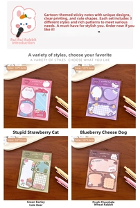 Close-up of four cute cartoon sticky note sets including strawberry cat and bear designs