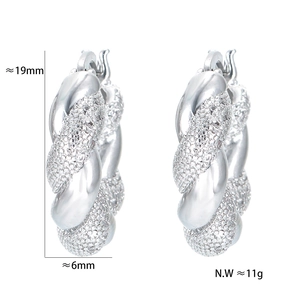 Silver twisted rope hoop earrings with pavé crystals 19mm diameter for women