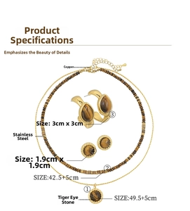 Detailed size map for tiger eye bead necklaces and drop earrings set in copper and steel