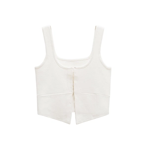 White knit cropped tank top with front hook-and-eye closure and V-cut hemline