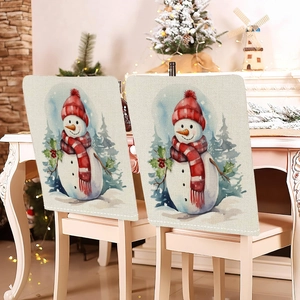 Linen Christmas chair covers featuring snowman watercolor prints for festive dining decor