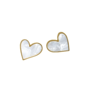 Elegant gold-tone titanium heart studs with white marble inlay for women's jewelry