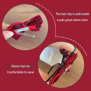 Sparkly red velvet star bow hair clip and elastic hair tie set for festive girls