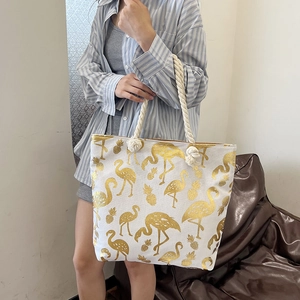 Linen tote bag with golden flamingo and pineapple print and thick rope handles